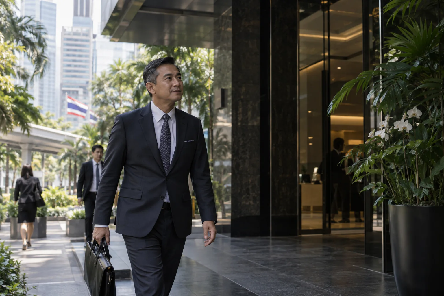 Senior Thai business professional approaching shaded Sathorn office entrance, tropical greenery and local urban context.