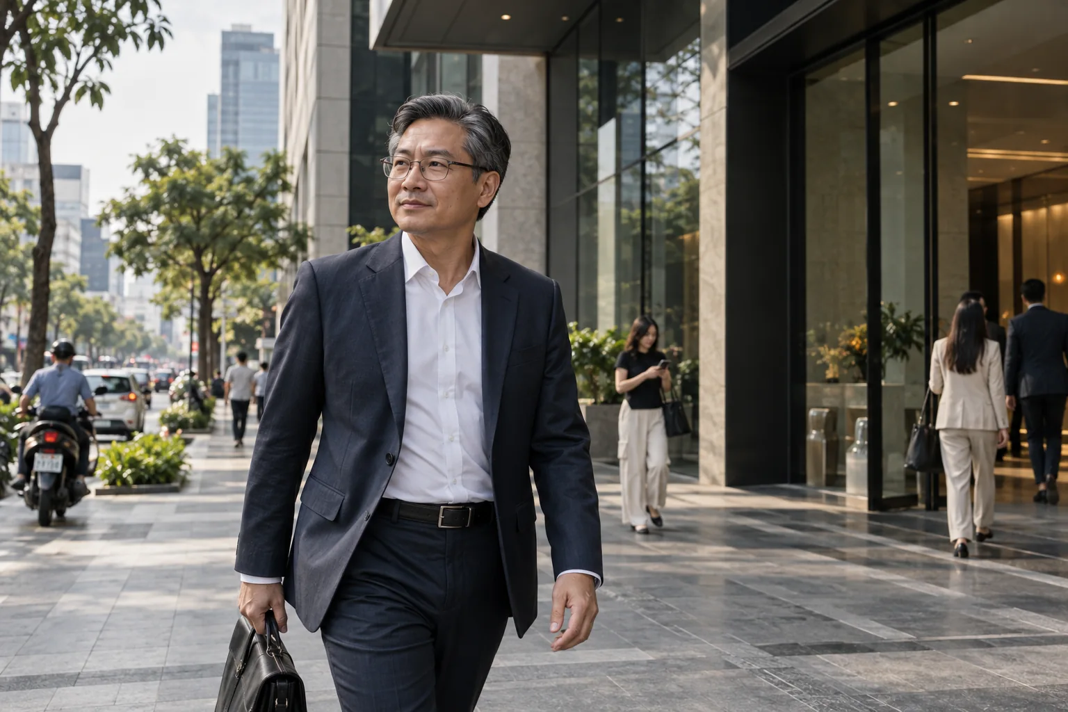 Vietnamese senior executive walking by contemporary District 1 office facade with layered everyday city activity, no tourism.
