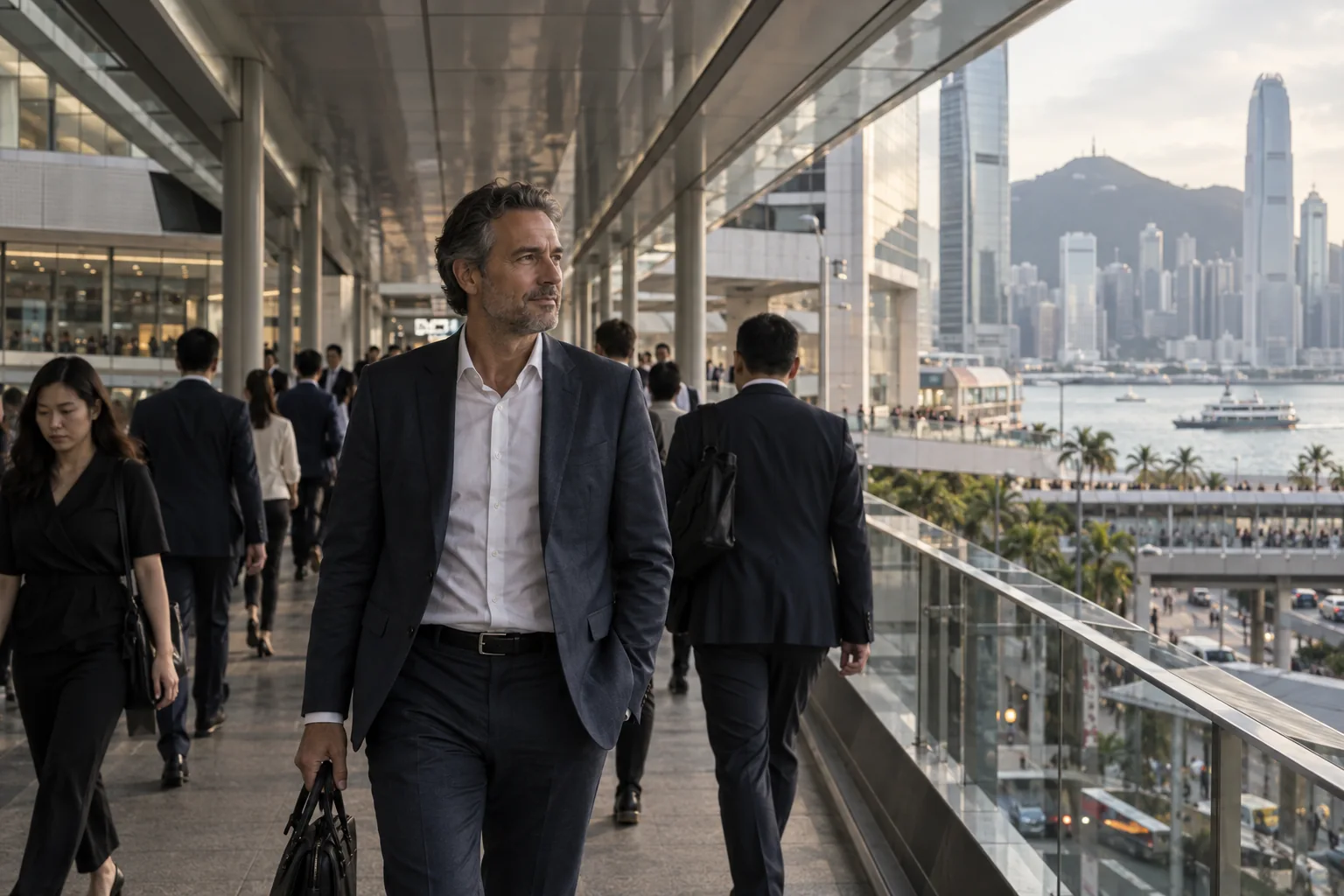 Senior executive on covered Hong Kong Central pedestrian passage, urban layers and subtle harbour glimpse, city and business people.
