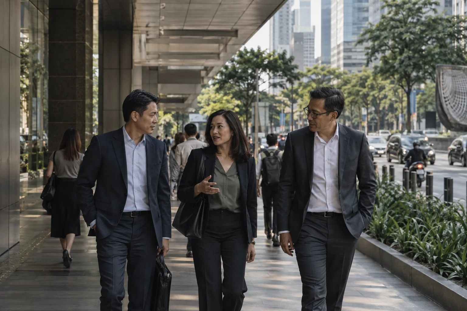 Indonesian executives on a shaded Sudirman district walkway, textured modern office architecture and everyday street life.