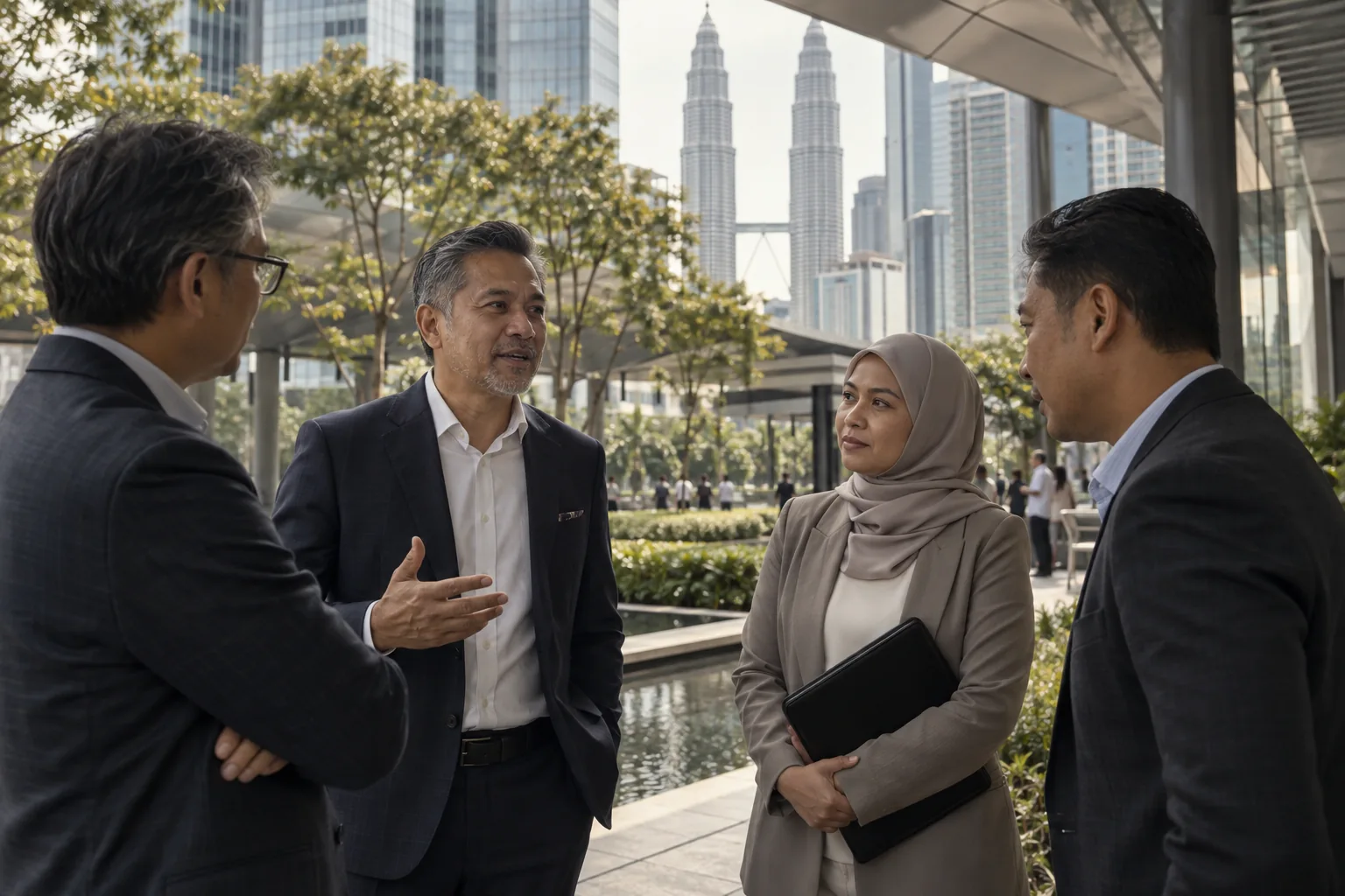 Senior Malaysian executives in conversation in landscaped modern Kuala Lumpur business precinct, architectural shade.
