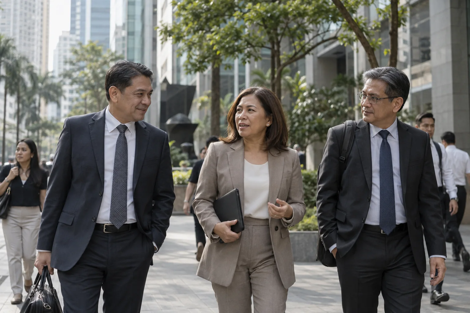 Senior Filipino businesspeople walking through Makati office district, trees and modern architecture, everyday business life.