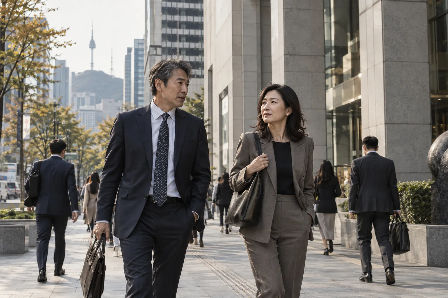 Senior professionals walking near Seoul business offices, contemporary stone architecture and city activity at human scale.