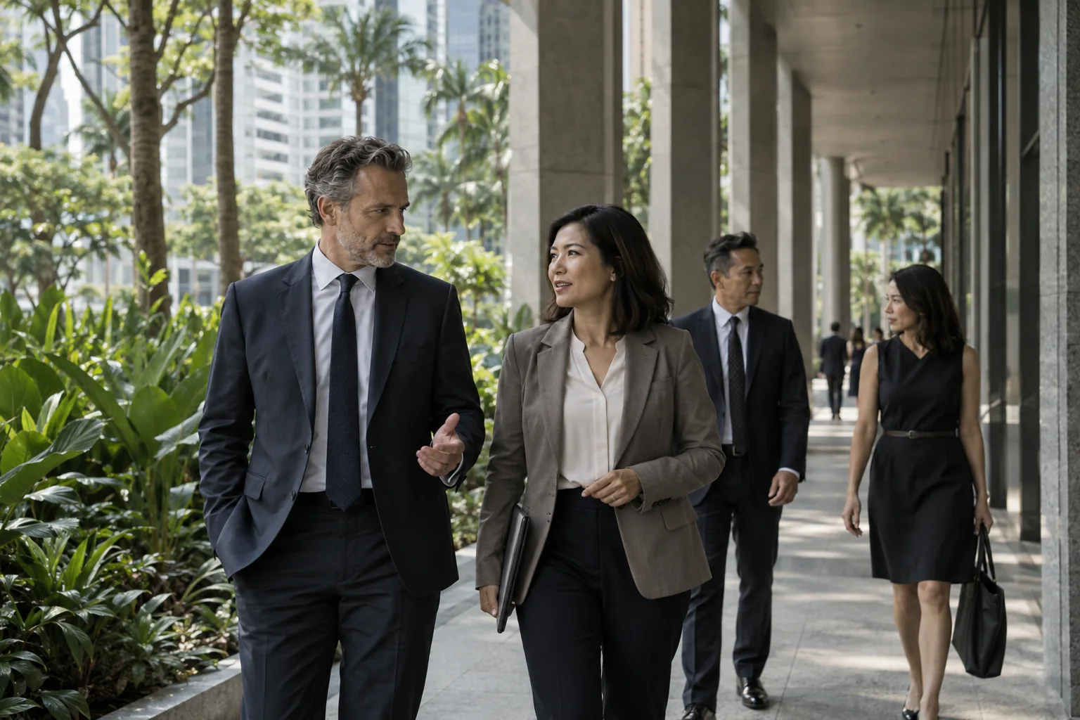 Senior businesspeople walking through shaded Singapore CBD colonnade, tropical foliage, contemporary architecture, human scale.