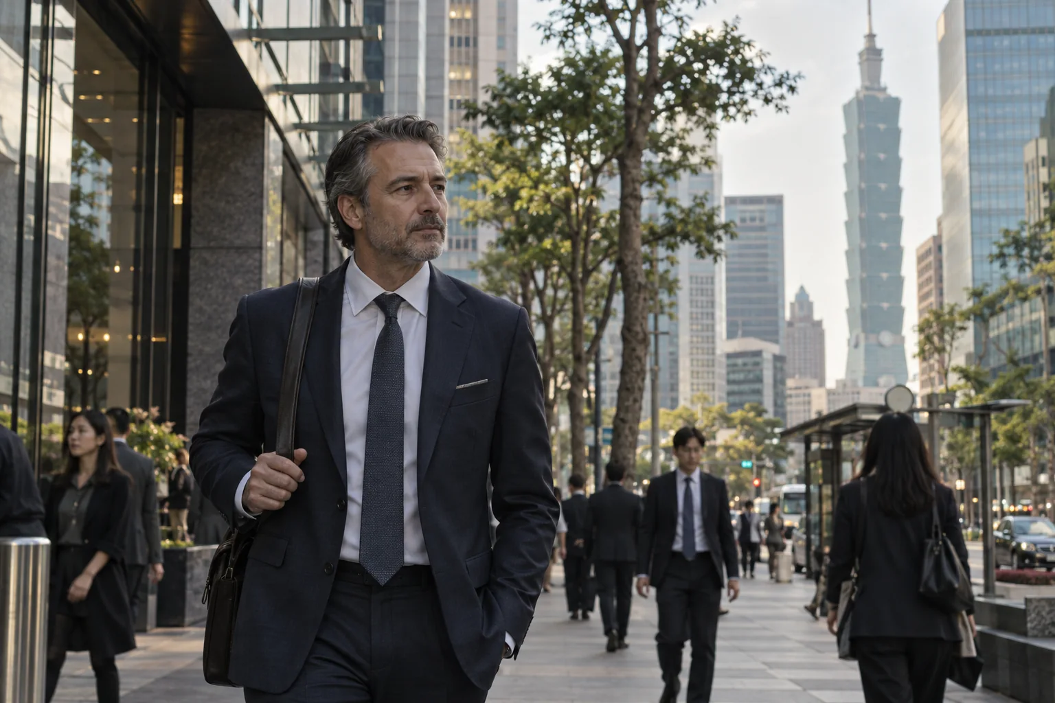 Senior executive walking through Xinyi business district in Taipei, Taipei 101 only subtly visible behind layered street architecture, business and people.