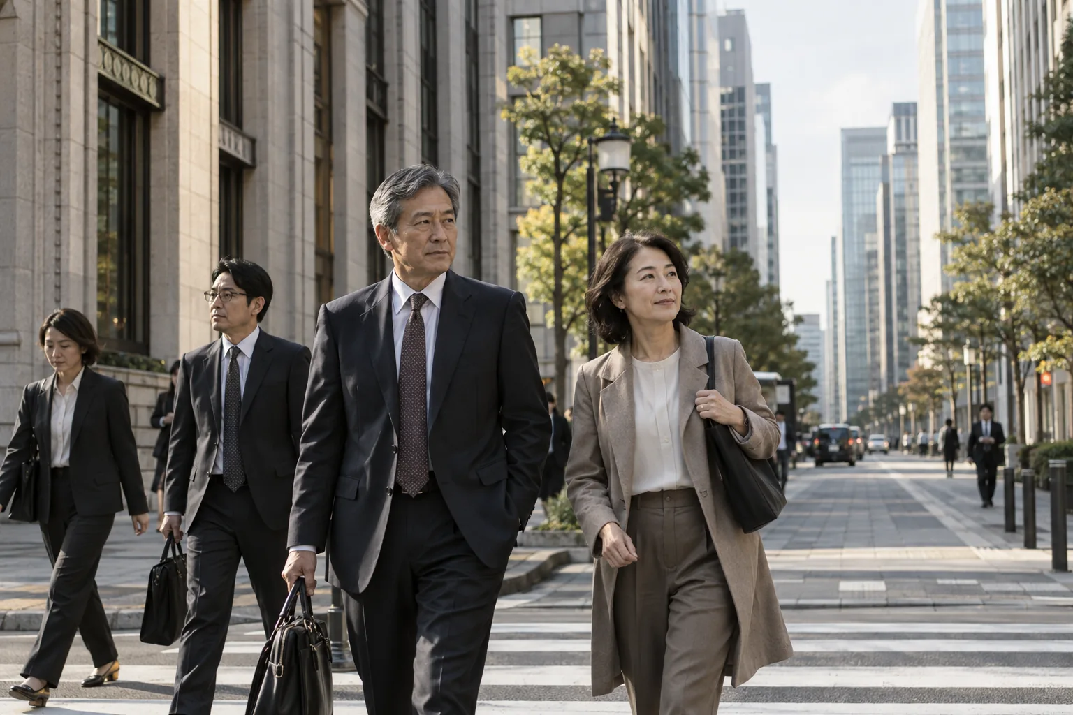 Senior Japanese businesspeople crossing a quiet Marunouchi street beside precise stone and glass office facades.