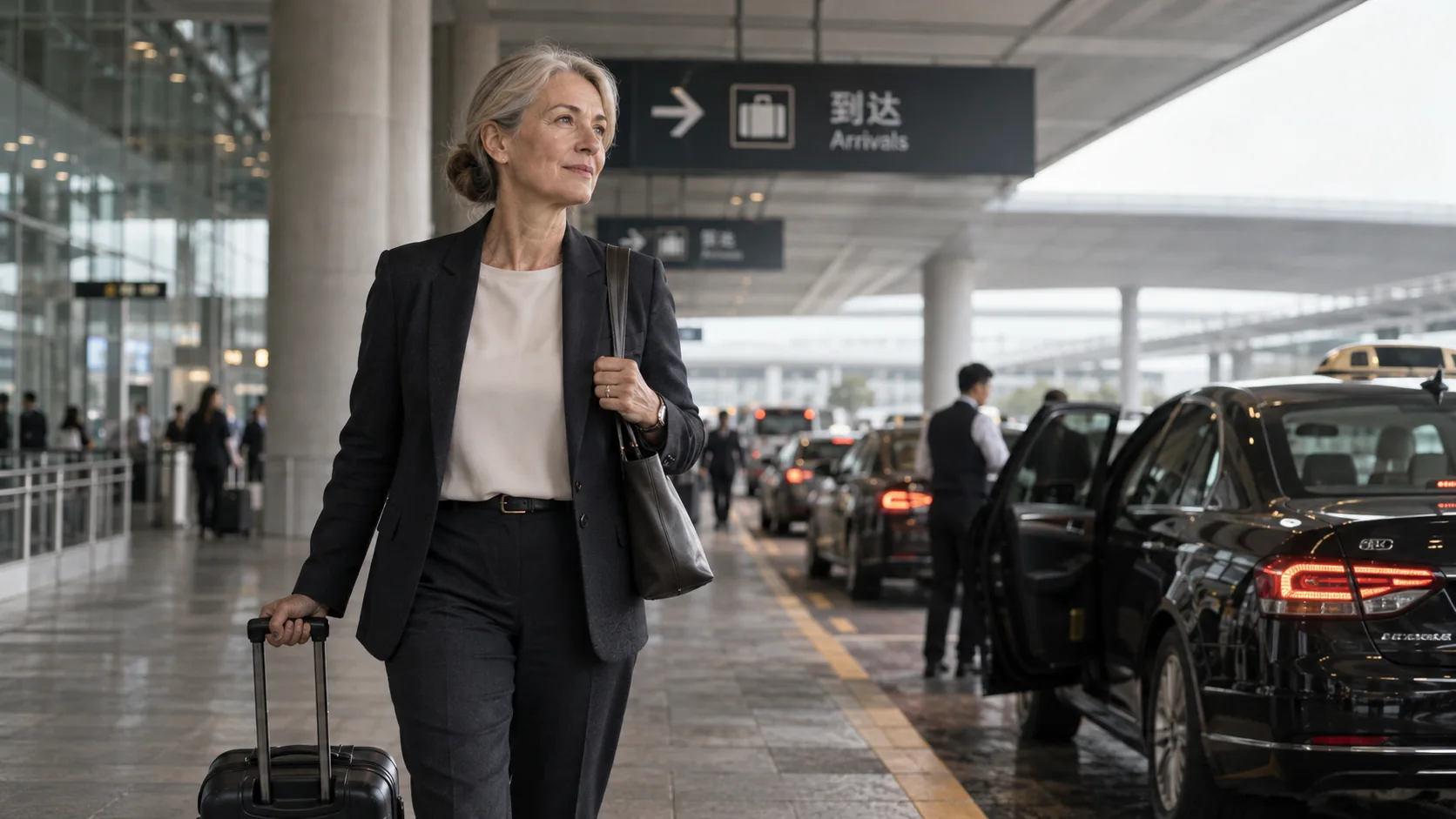 Senior woman executive with small carry-on arriving at a contemporary Asian airport taxi forecourt, restrained business attire, concrete architecture, natural overcast light, no tourist imagery.