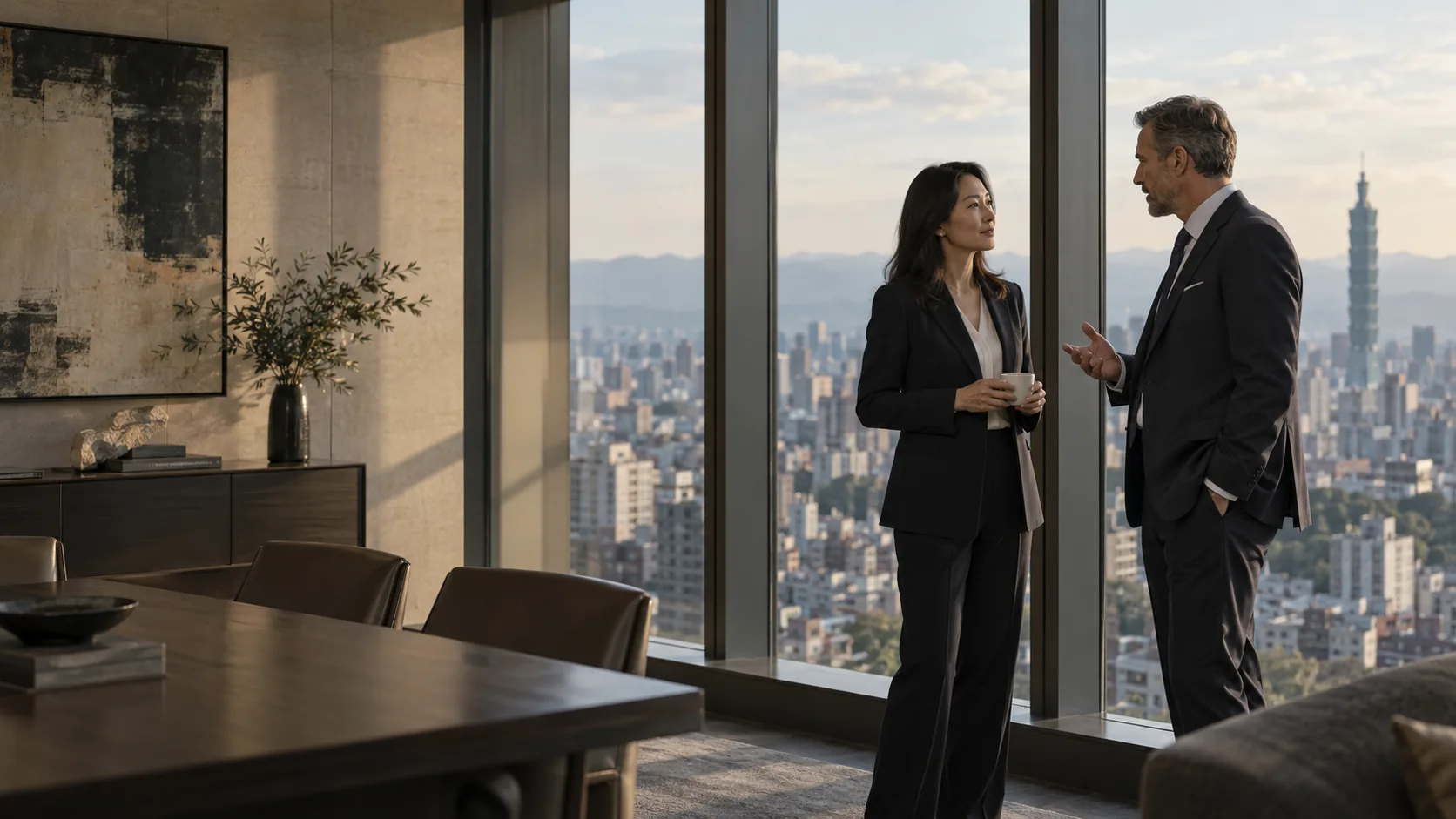 Inside a refined Taipei office high above the city, two senior Asian and European businesspeople quietly conversing near the window in the right third