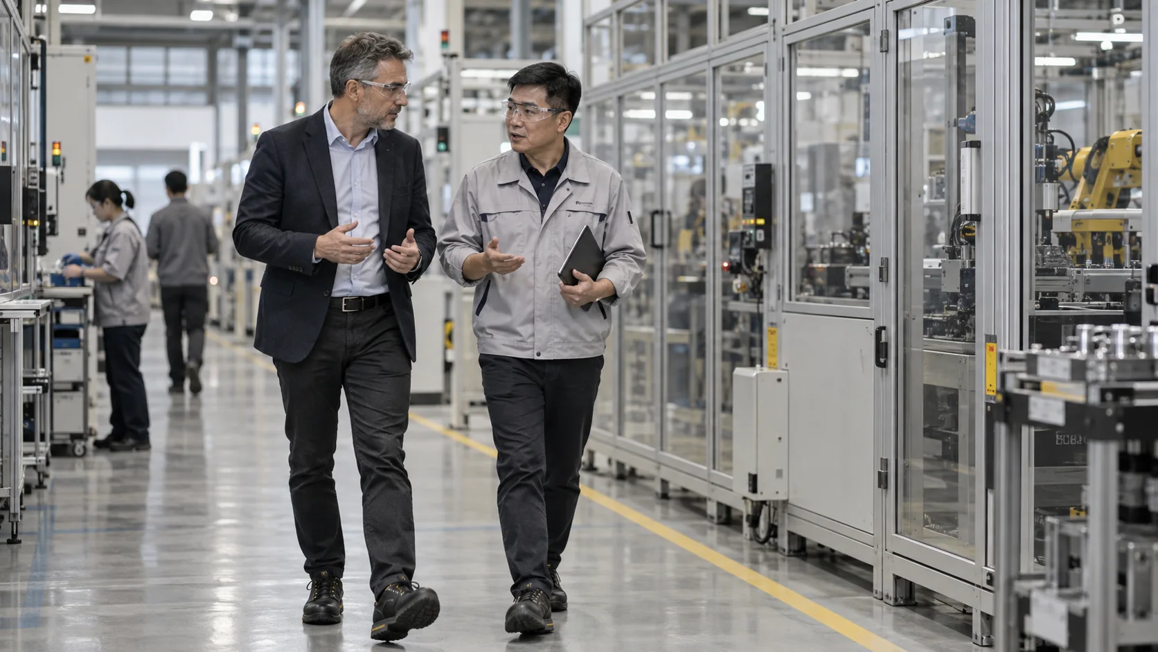 European industrial executive and Asian plant manager walking through a pristine advanced manufacturing facility, modern enclosed automation equipment, appropriate safety glasses, safety shoes and PPE, documentary observation.