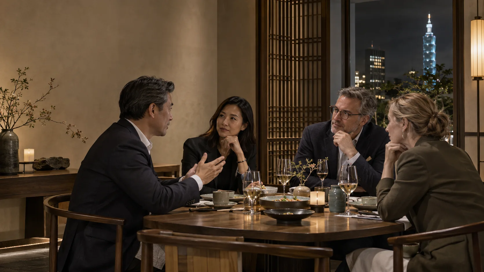 Four senior Asian and Western executives at a small private business dinner in a sophisticated Taipei restaurant, one speaking and another listening, no one looking at camera