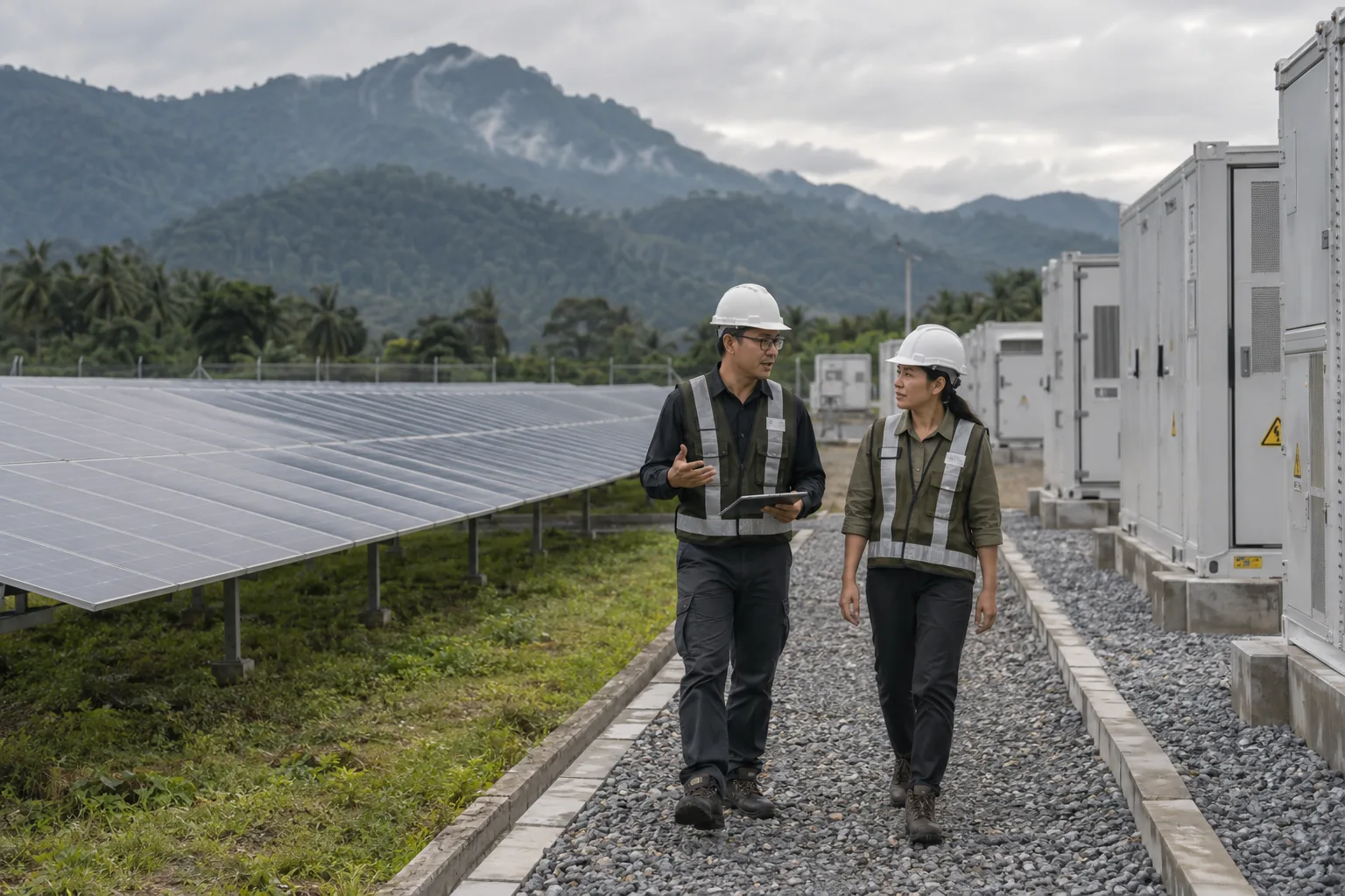 Southeast Asian solar and energy storage installation, two engineers in appropriate PPE walking safe access path, natural overcast light.