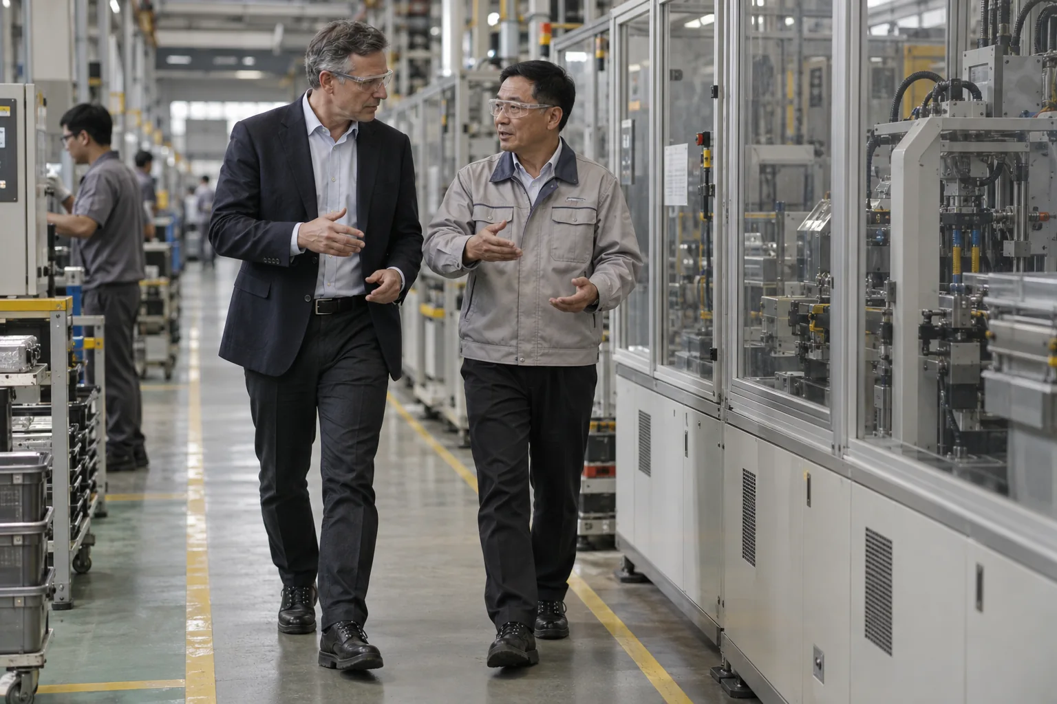 European executive touring Asian manufacturing facility with senior plant owner, safety glasses and shoes, candid exchange beside enclosed machinery.