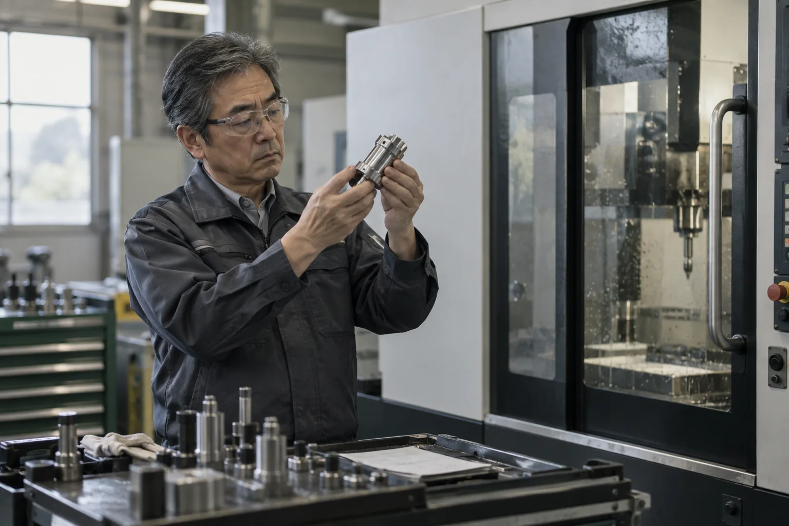Japanese senior technician examining a precision machined part beside an enclosed CNC machine in pristine workshop, safety glasses.
