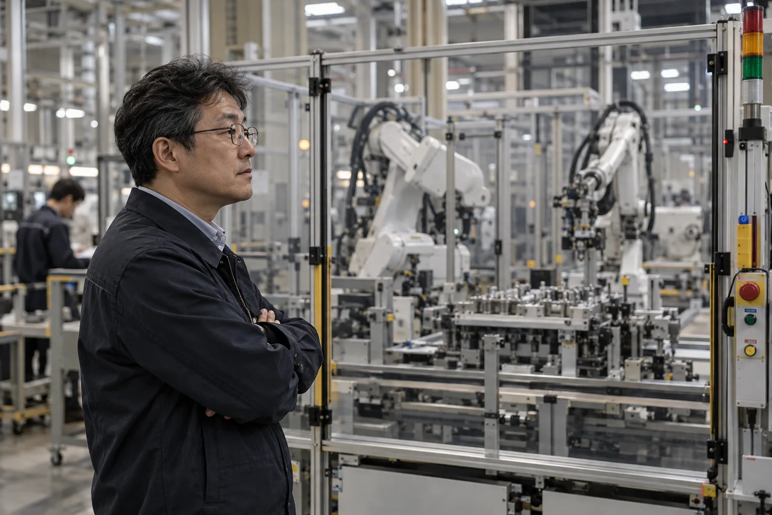 South Korean industrial automation production cell, senior engineer outside protective enclosure, robots behind safety barriers.