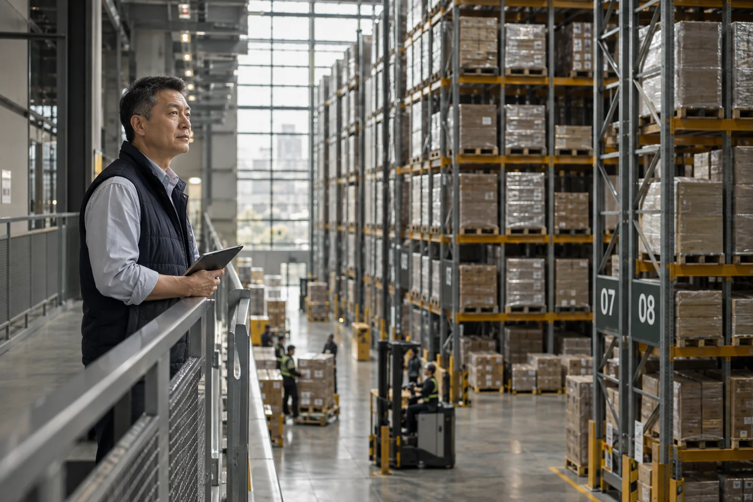 Advanced Singapore warehouse with organized high racks and one operations manager on protected walkway.