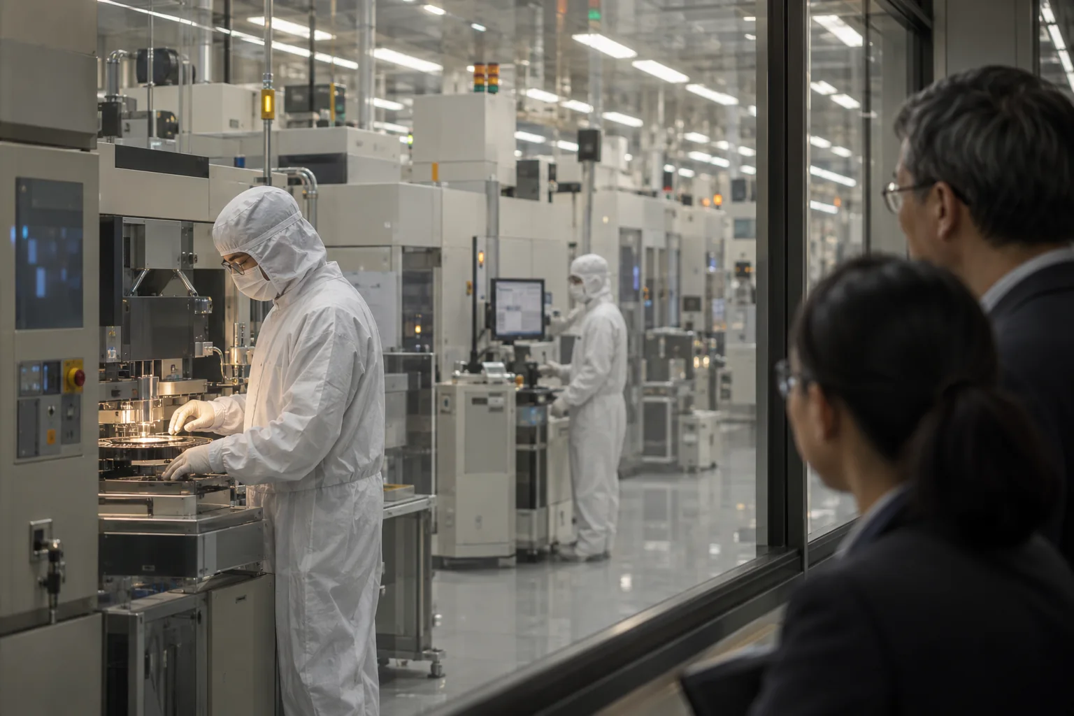 Taiwan semiconductor manufacturing cleanroom seen through observation glass, engineers in complete cleanroom PPE, real fabrication equipment.