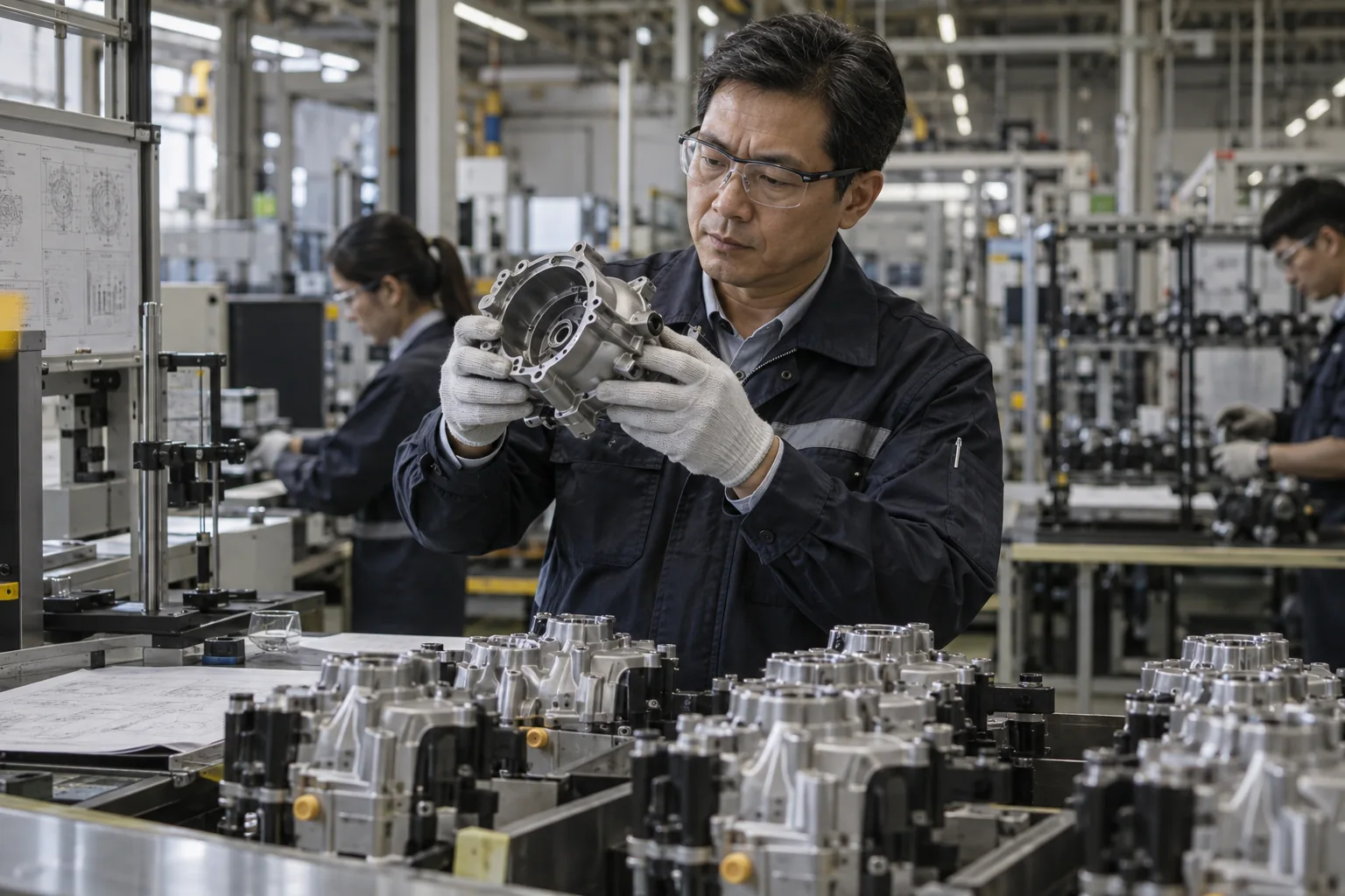 Thai automotive supplier facility with senior quality engineer and finished mechanical assemblies, appropriate PPE.