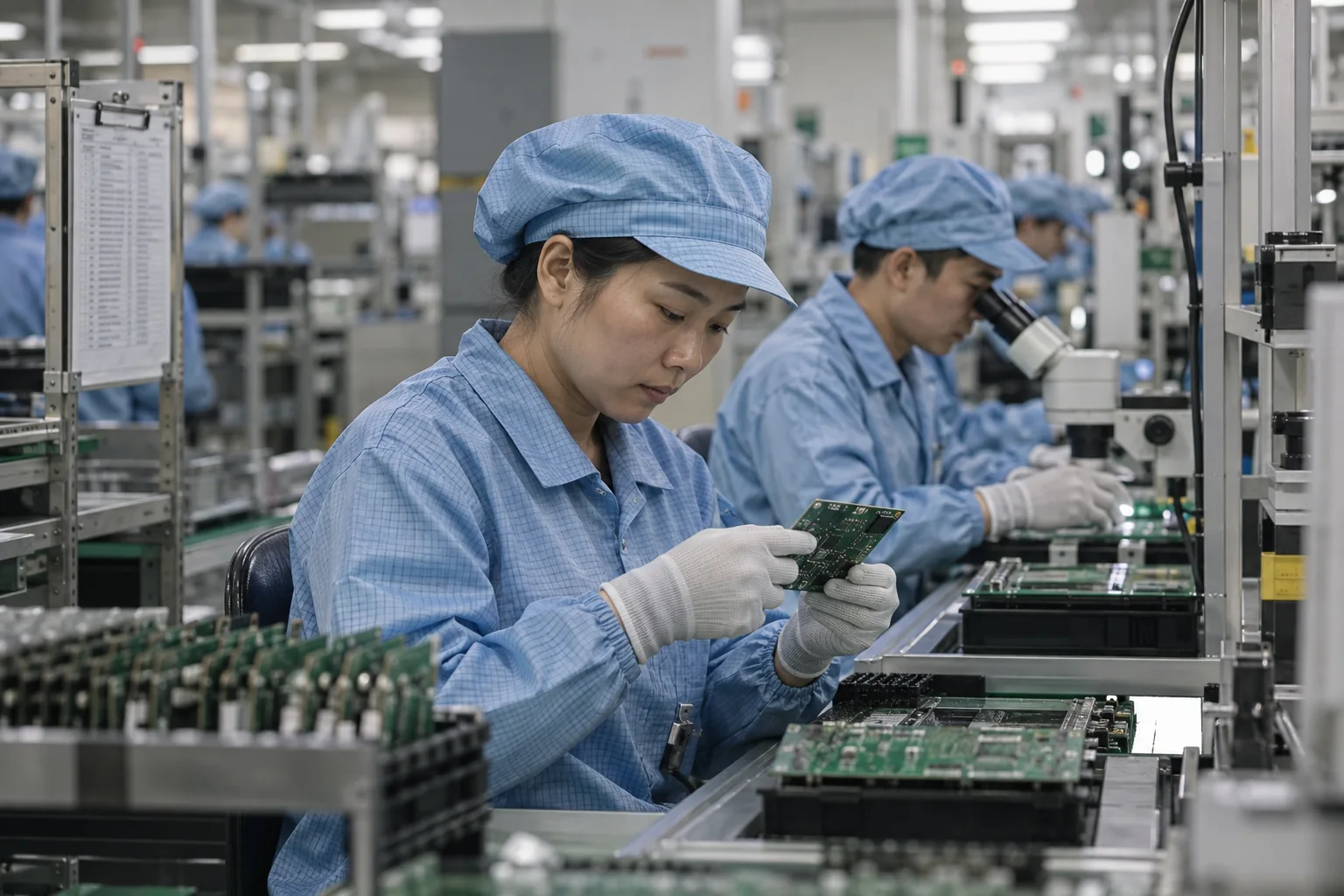 Vietnam electronics manufacturing line, technicians wearing appropriate ESD clothing, controlled and realistic environment.