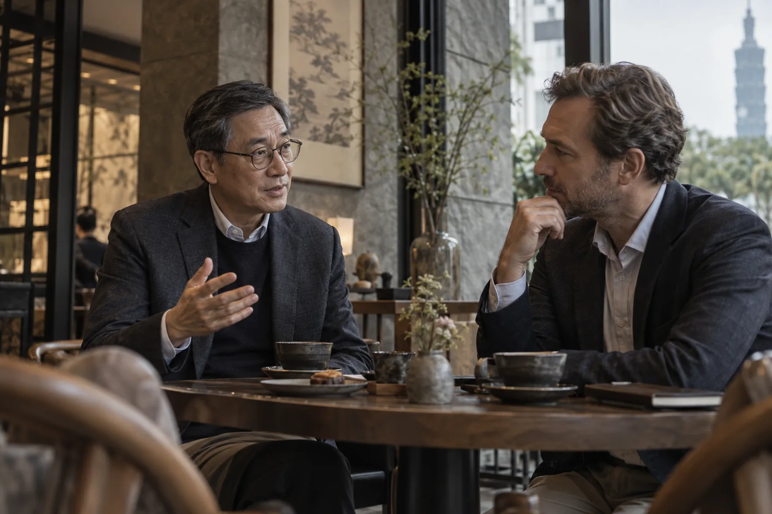 Senior local Asian consultant and European executive at a quiet coffee meeting in a refined Taipei cafe, candid eye contact, no posing.