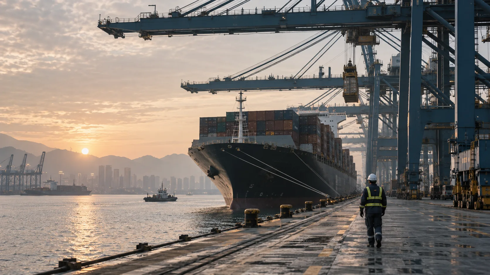 Asian container port at dawn, wide strong crane geometry, small dock worker with PPE providing human scale, muted light, no generic container wall.