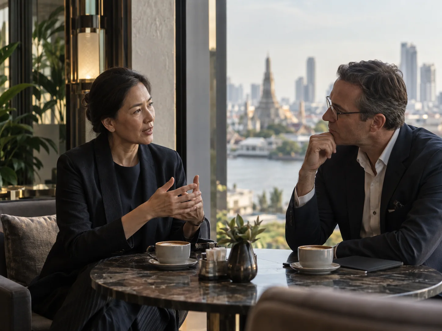Quiet one-on-one senior Asian and Western business conversation over coffee in Bangkok, window light.