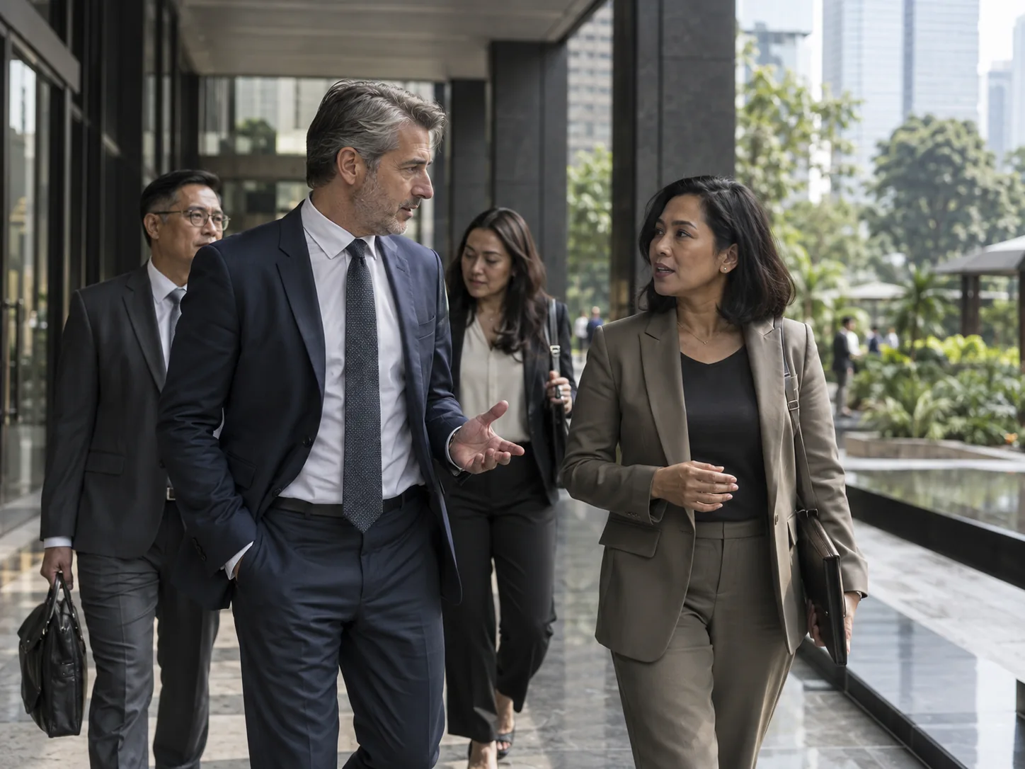 Senior executives leaving a meeting together in Jakarta, candid conversation under a modern shaded arcade.