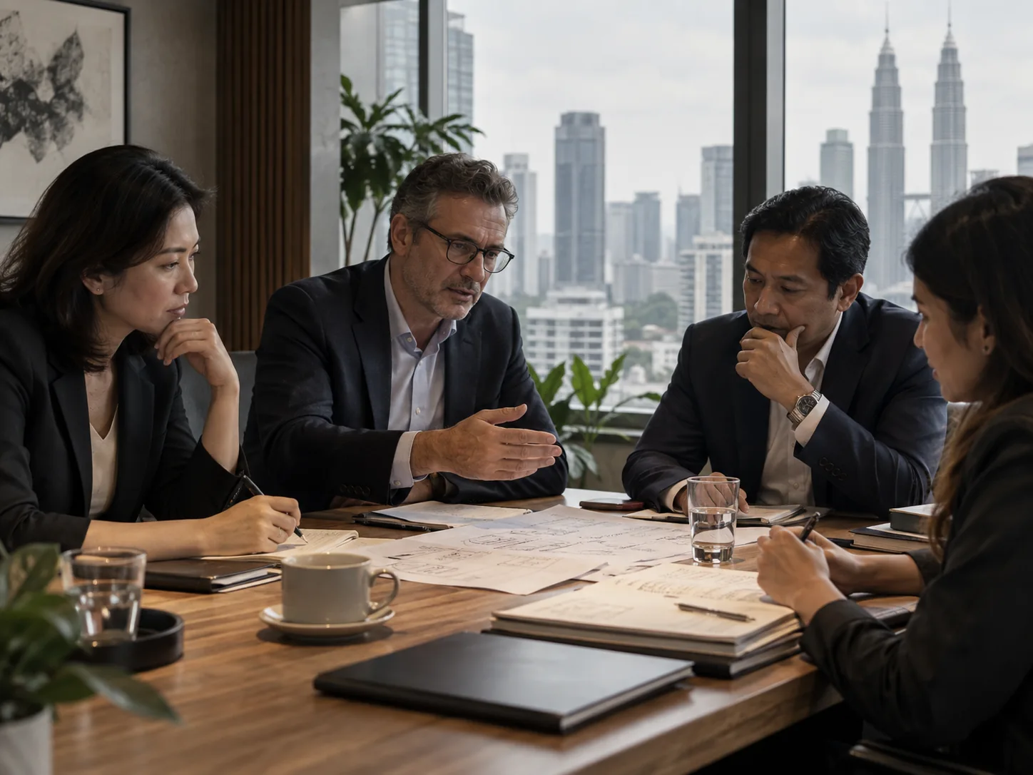 Small senior business strategy session in Kuala Lumpur with paper notes on a wood table.