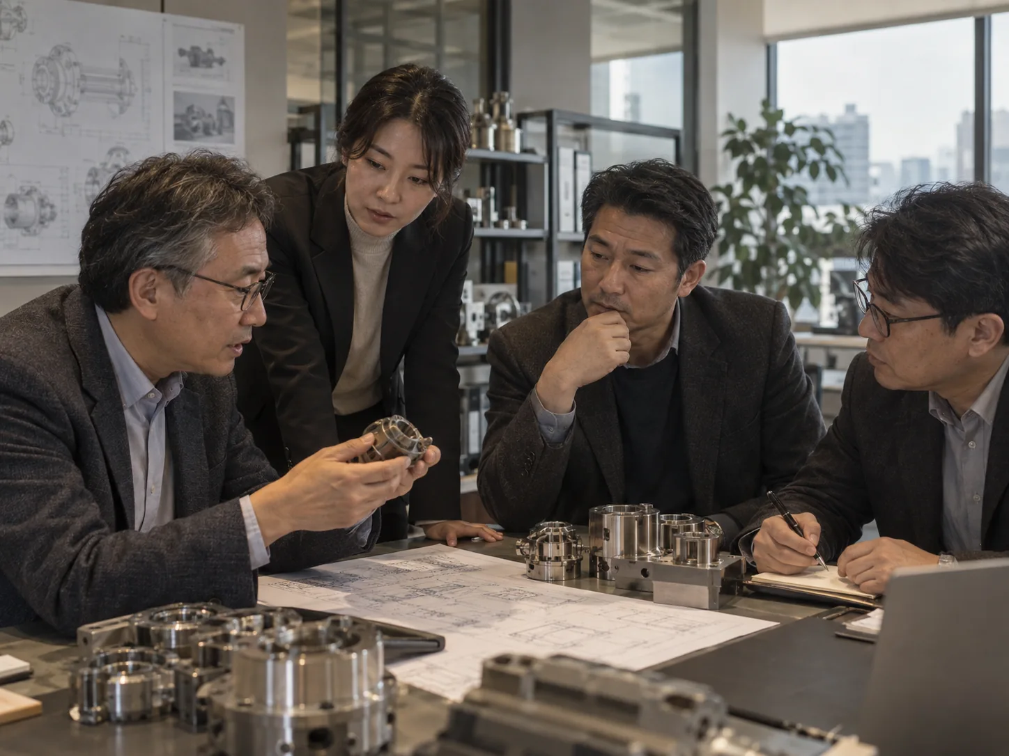 Korean industrial sales meeting in a modest Seoul engineering company with real components.