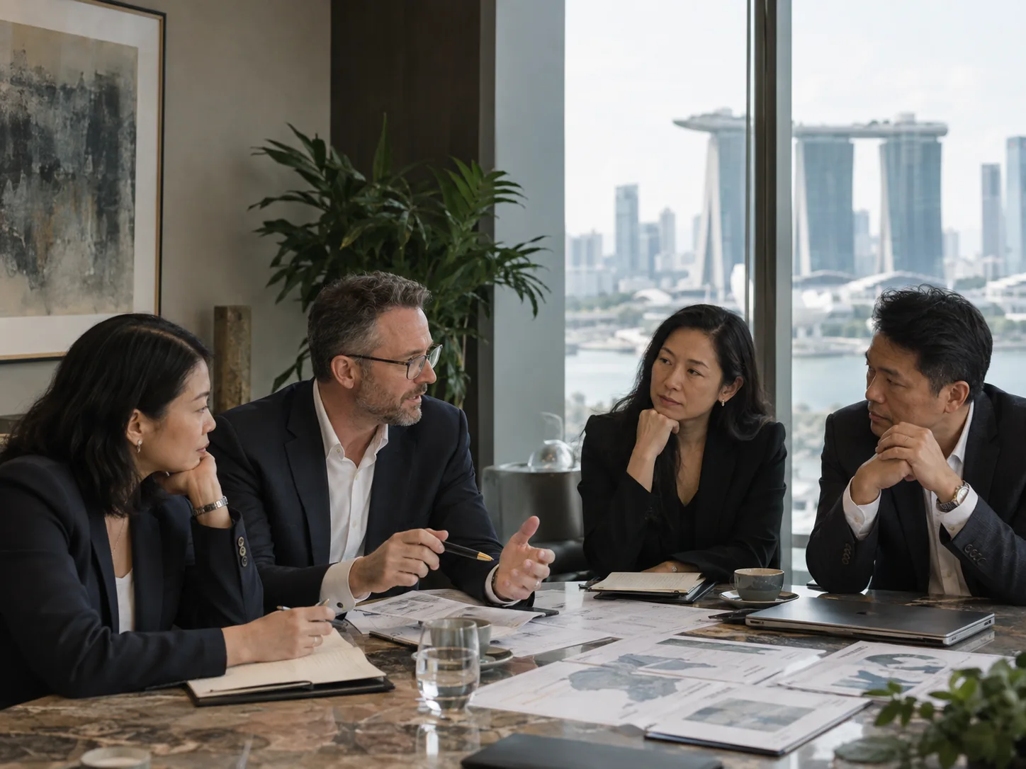 Four senior executives in small purposeful Singapore meeting with printed operational documents, natural listening, real office.