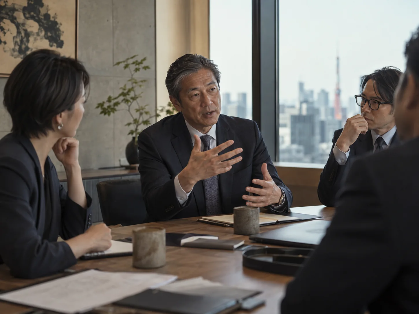 Senior Japanese executive explaining a point during a small Tokyo meeting, others listening naturally.
