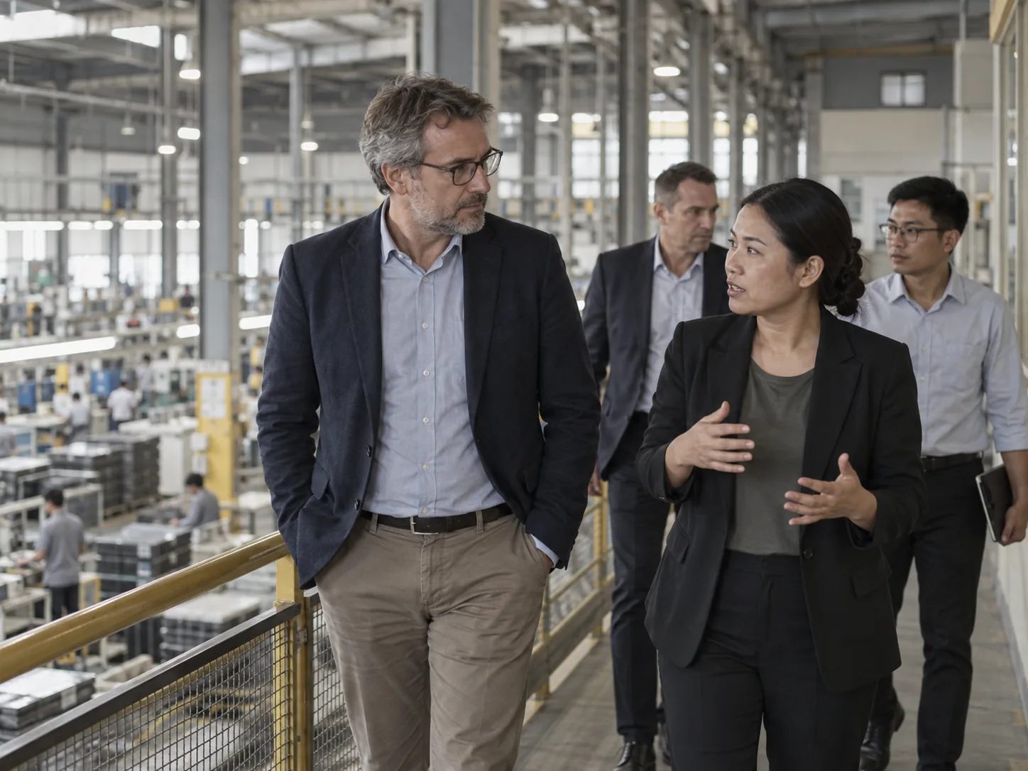 European manufacturer visiting a potential Vietnamese partner on a factory mezzanine.