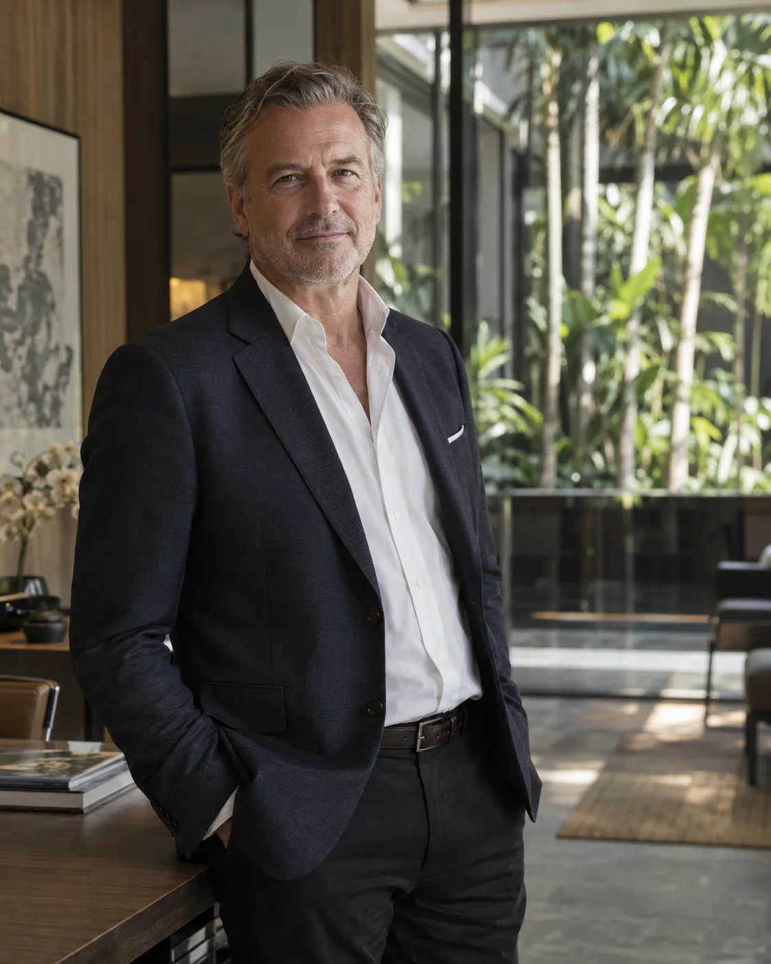 Senior consultant, environmental portrait in refined Singapore office with tropical courtyard beyond, open collar.